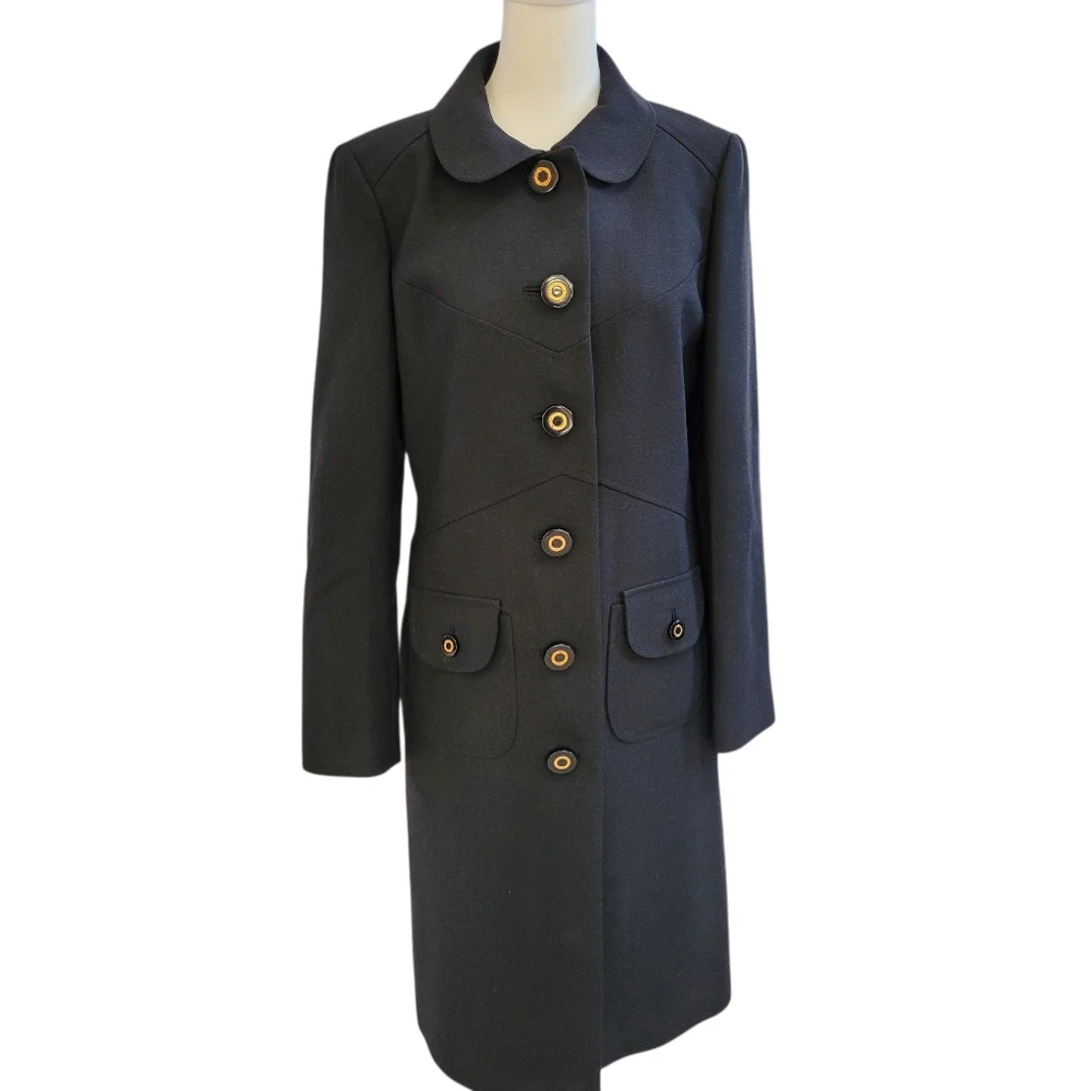 Tory Burch Black Peter Pan Collar Logo Buttons Wool Blend Trench Coat Size 6